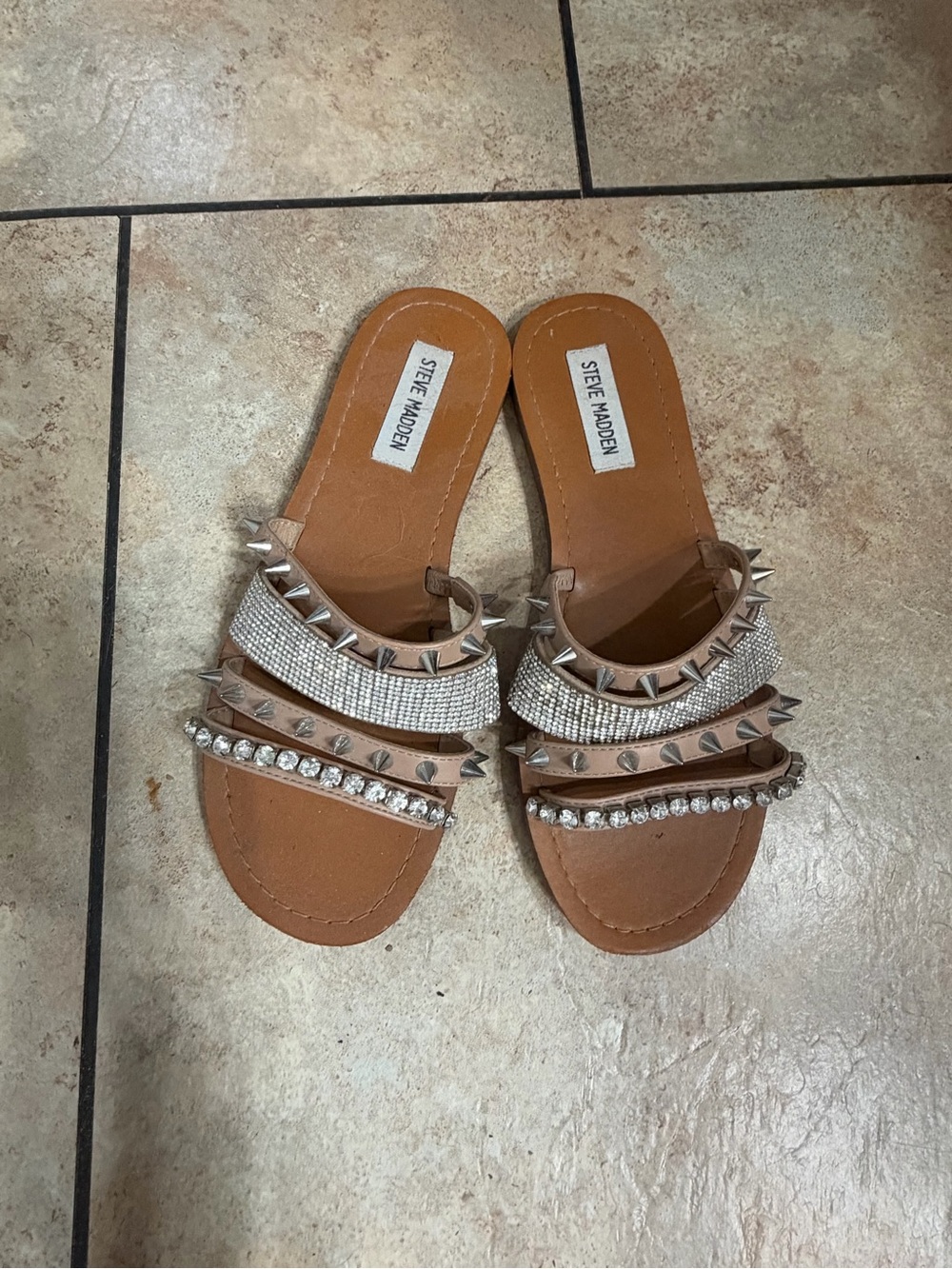 Steve Madden Tan Slide Sandals with Rhinestone & Spike Straps